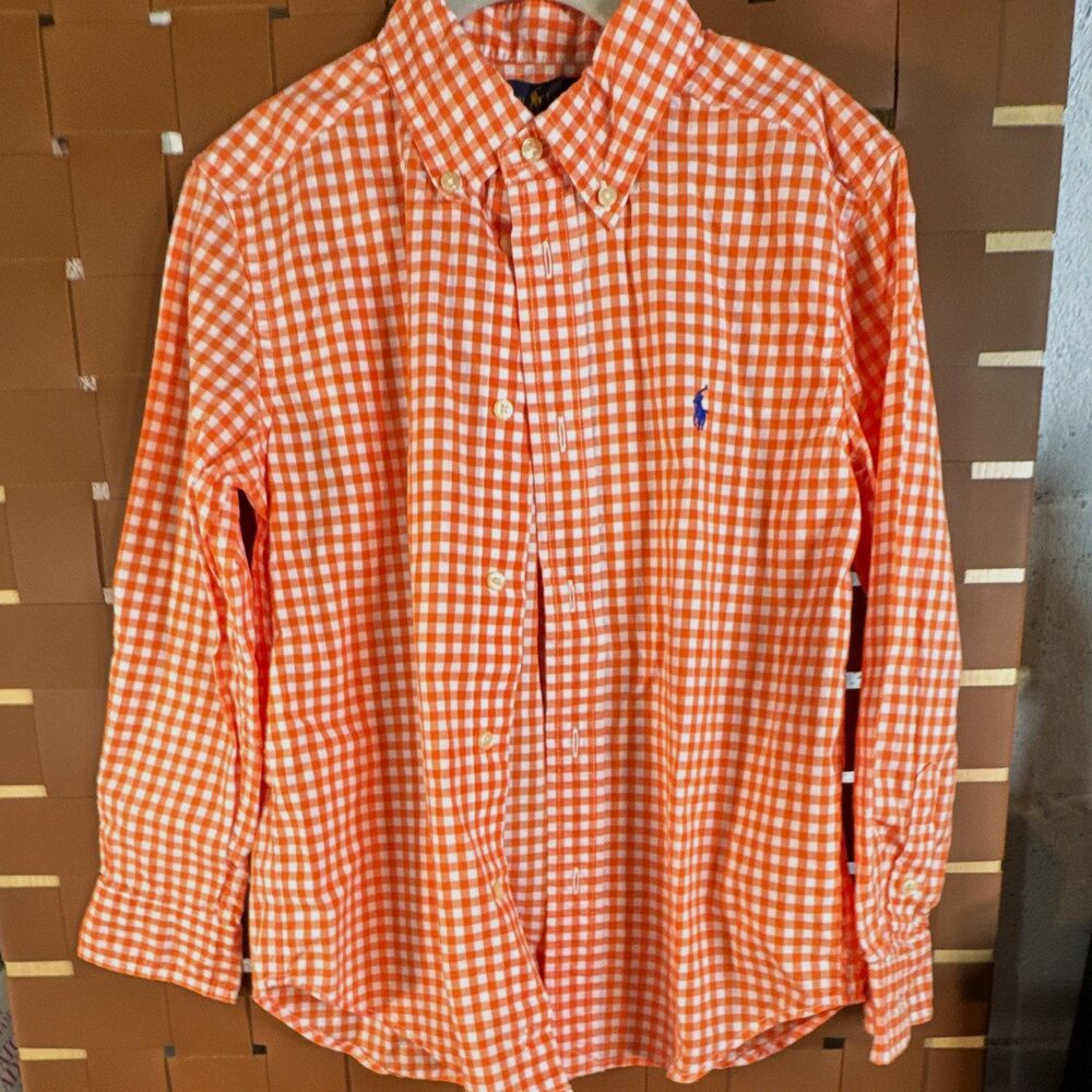 Ralph Lauren Boys Size 6 Gingham Button-Down Dress Shirt Orange/White Logo